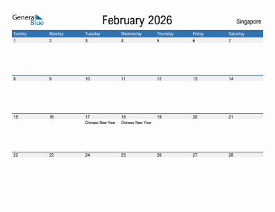 Current month calendar with Singapore holidays for February 2026
