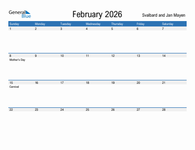 Current month calendar with Svalbard and Jan Mayen holidays for February 2026