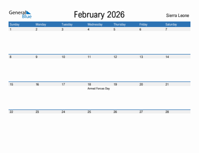 Current month calendar with Sierra Leone holidays for February 2026