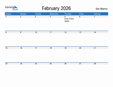 Current month calendar with San Marino holidays for February 2026