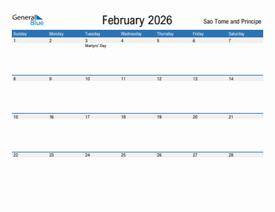 Current month calendar with Sao Tome and Principe holidays for February 2026