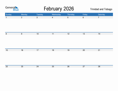 Current month calendar with Trinidad and Tobago holidays for February 2026