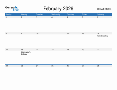 Current month calendar with United States holidays for February 2026