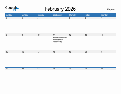 Current month calendar with Vatican holidays for February 2026