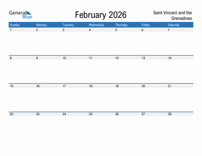 Current month calendar with Saint Vincent and the Grenadines holidays for February 2026