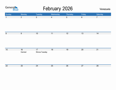Current month calendar with Venezuela holidays for February 2026
