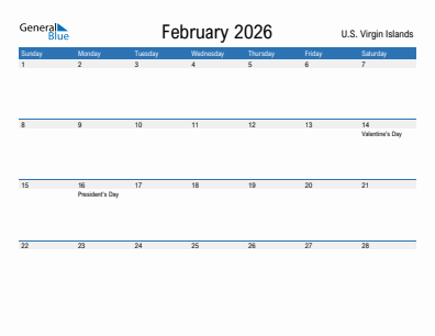 Current month calendar with U.S. Virgin Islands holidays for February 2026