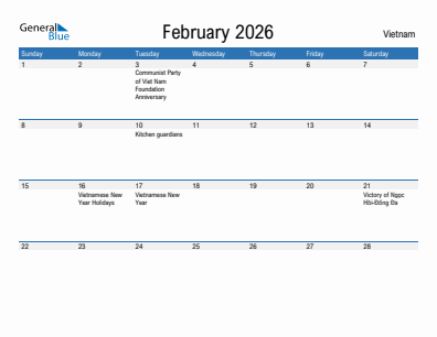 Current month calendar with Vietnam holidays for February 2026
