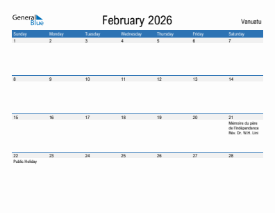 Current month calendar with Vanuatu holidays for February 2026