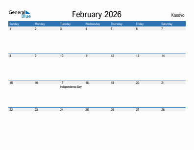Current month calendar with Kosovo holidays for February 2026