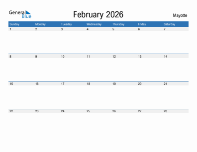 Current month calendar with Mayotte holidays for February 2026