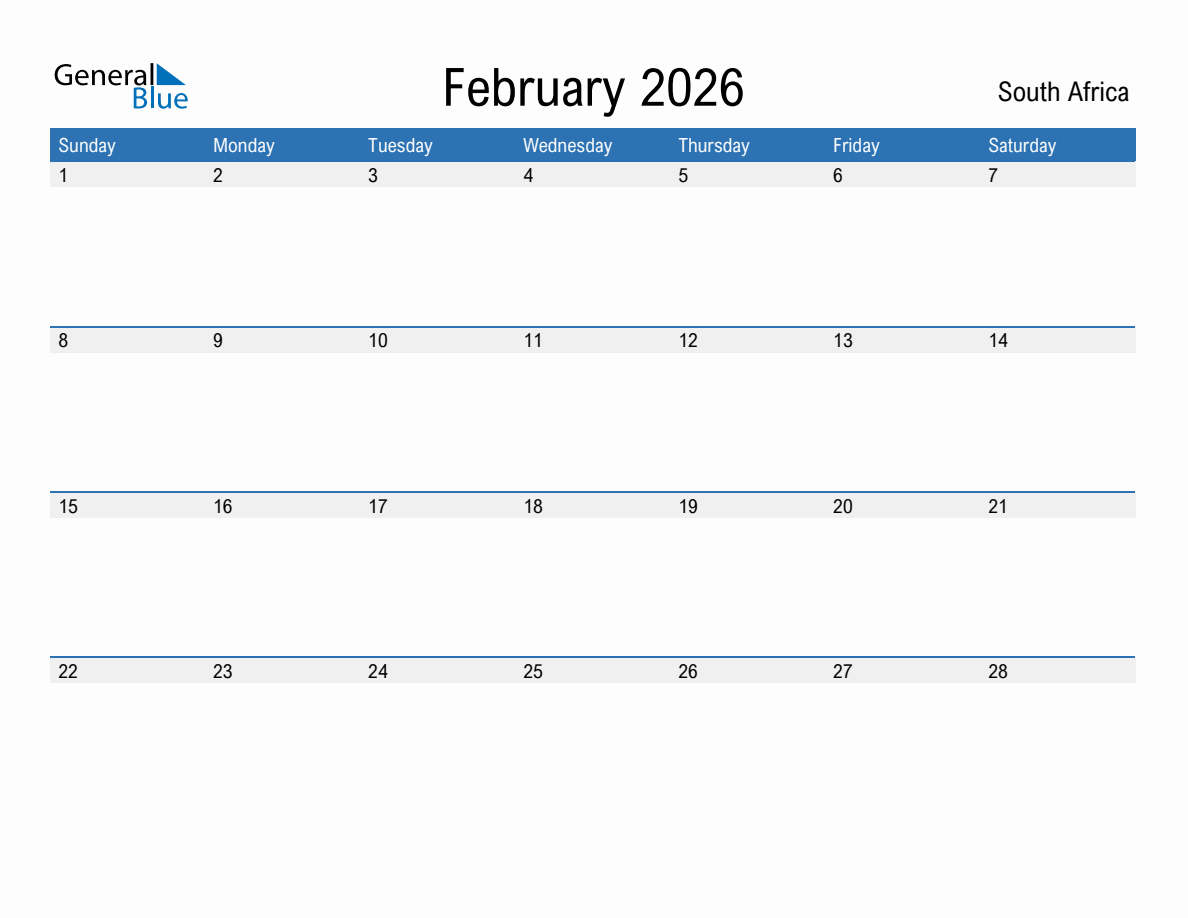 February 2026 monthly calendars with south africa holidays