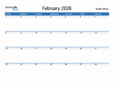 Current month calendar with South Africa holidays for February 2026