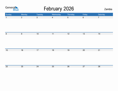 Current month calendar with Zambia holidays for February 2026