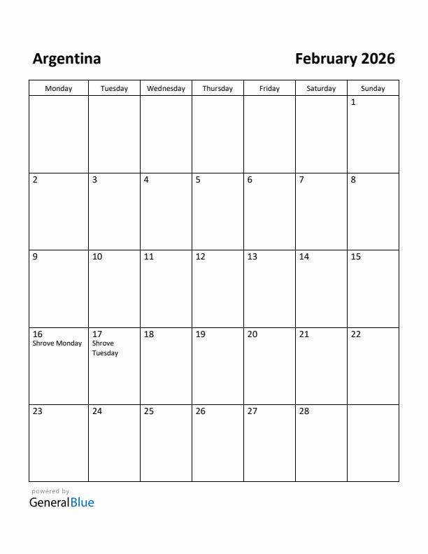 February 2026 Calendar with Argentina Holidays