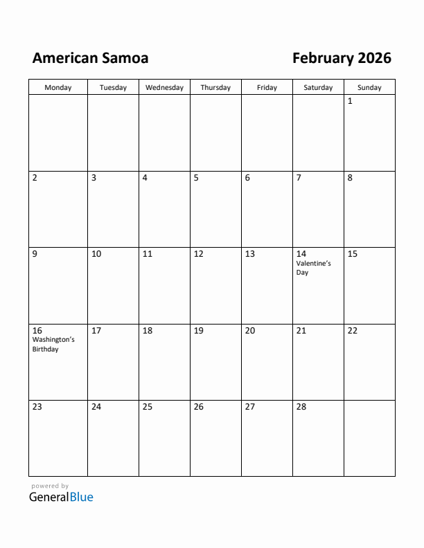 February 2026 Calendar with American Samoa Holidays