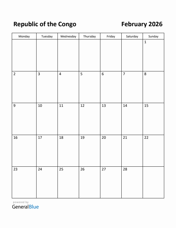 February 2026 Calendar with Republic of the Congo Holidays
