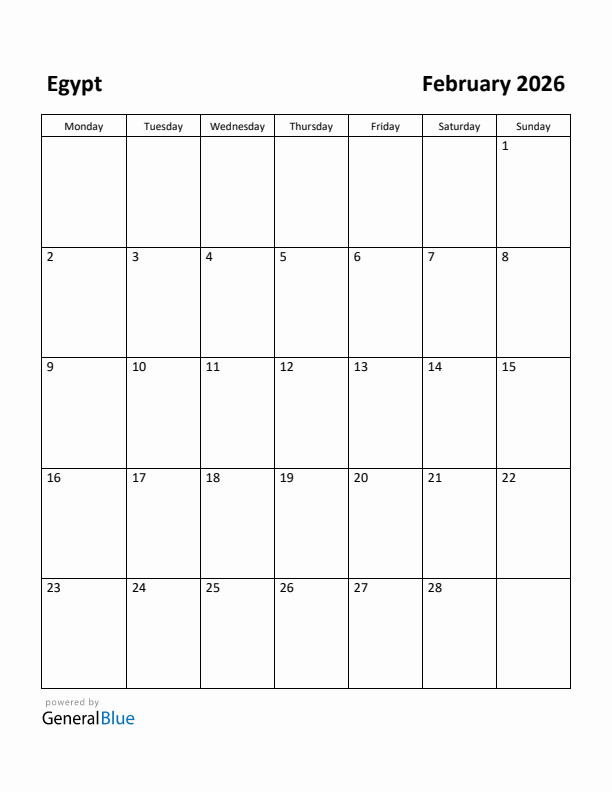 February 2026 Calendar with Egypt Holidays