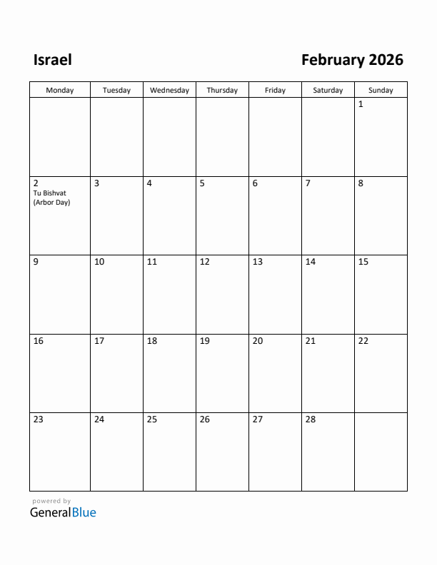 February 2026 Calendar with Israel Holidays