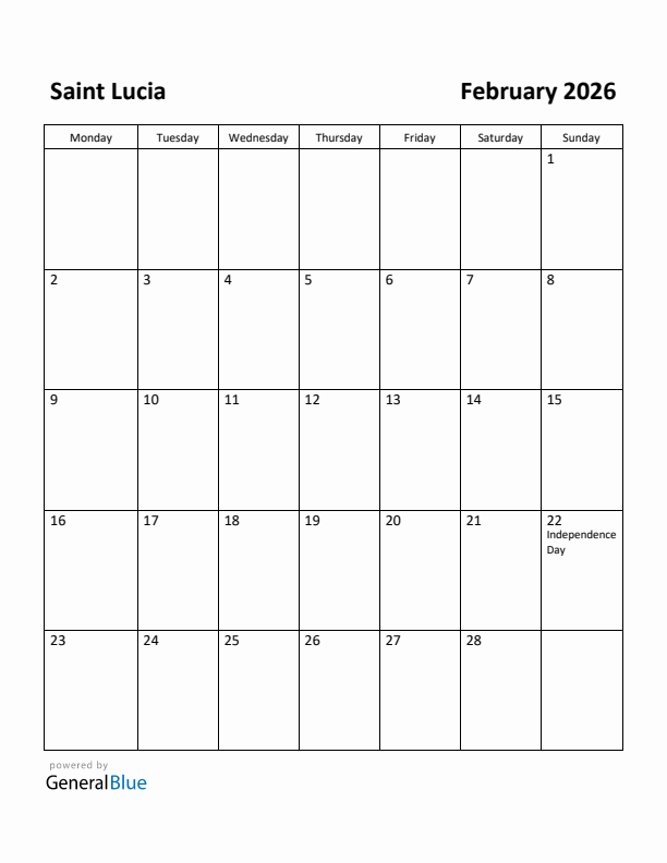 February 2026 Calendar with Saint Lucia Holidays
