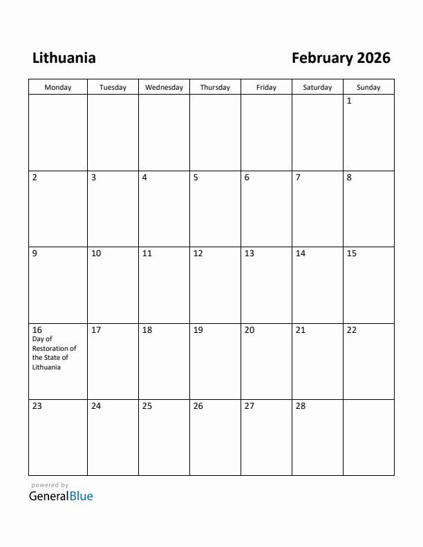 February 2026 Calendar with Lithuania Holidays