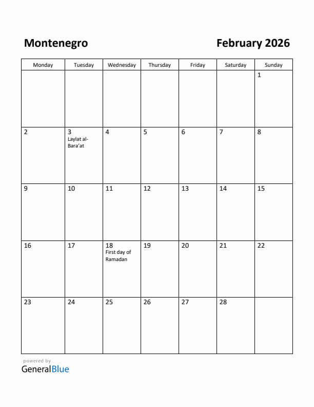 February 2026 Calendar with Montenegro Holidays