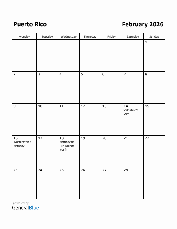 February 2026 Calendar with Puerto Rico Holidays