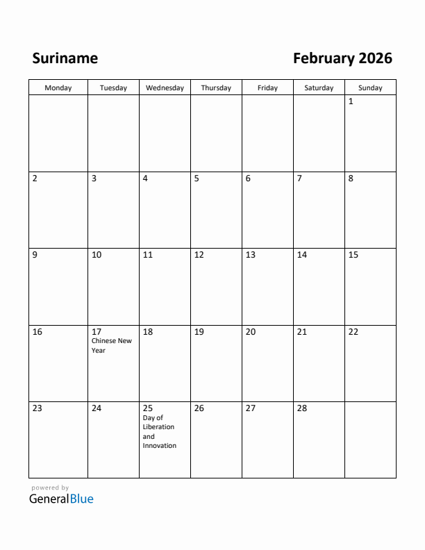 February 2026 Calendar with Suriname Holidays