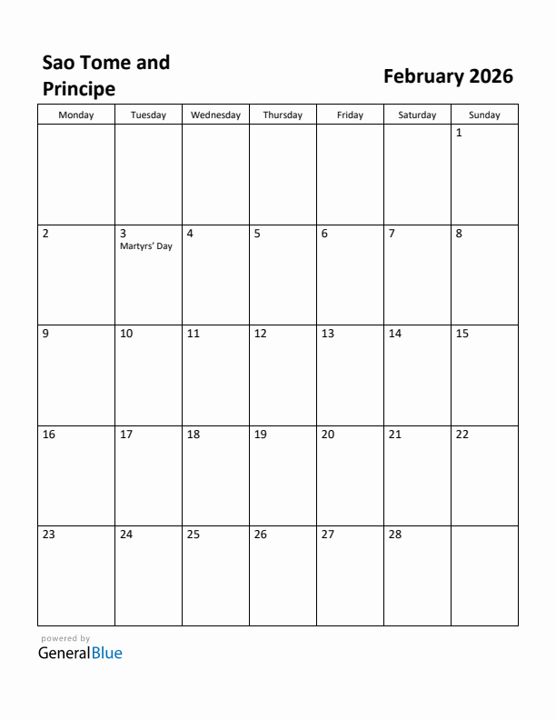 February 2026 Calendar with Sao Tome and Principe Holidays