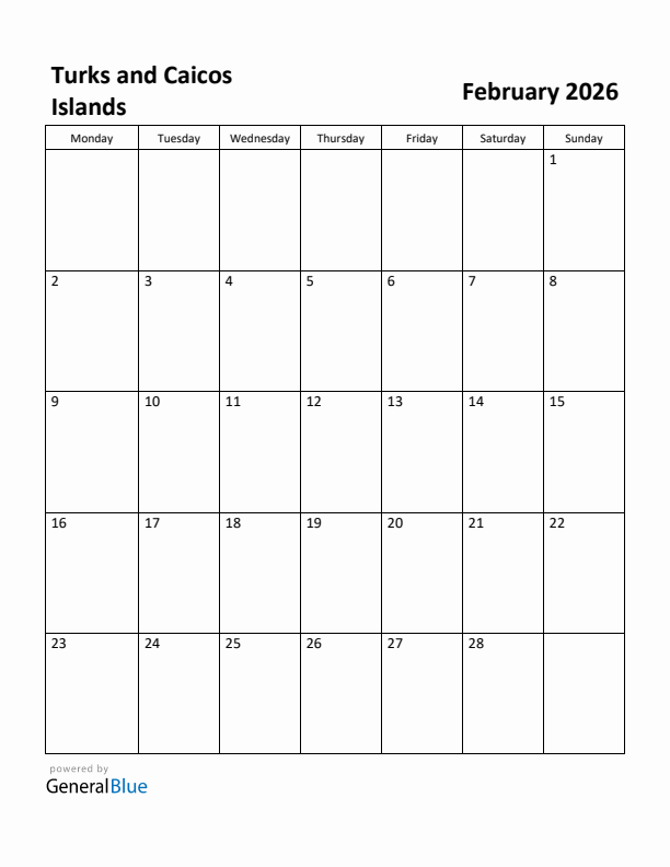 February 2026 Calendar with Turks and Caicos Islands Holidays