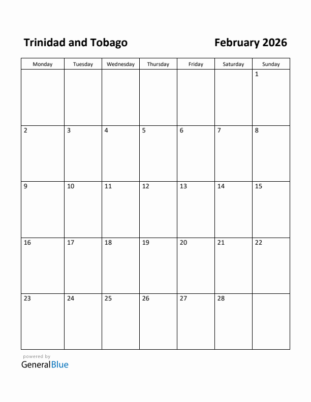 February 2026 Calendar with Trinidad and Tobago Holidays