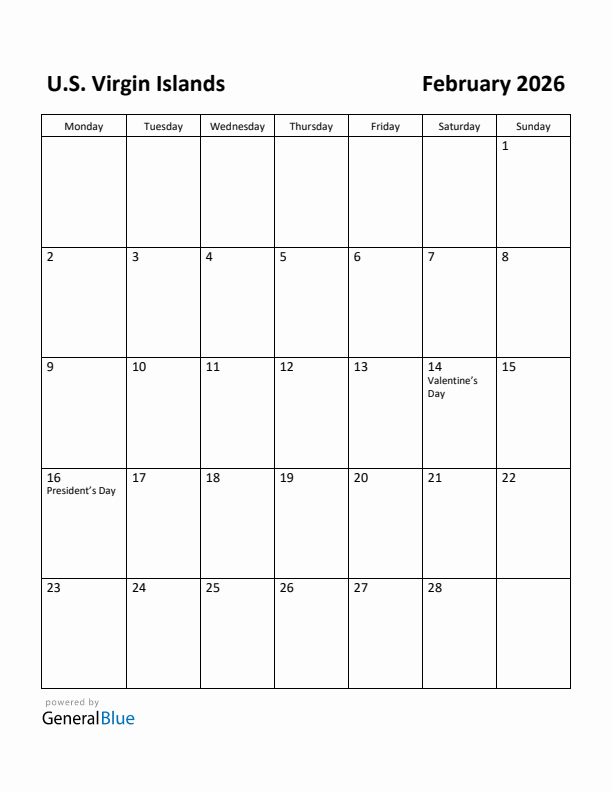 February 2026 Calendar with U.S. Virgin Islands Holidays