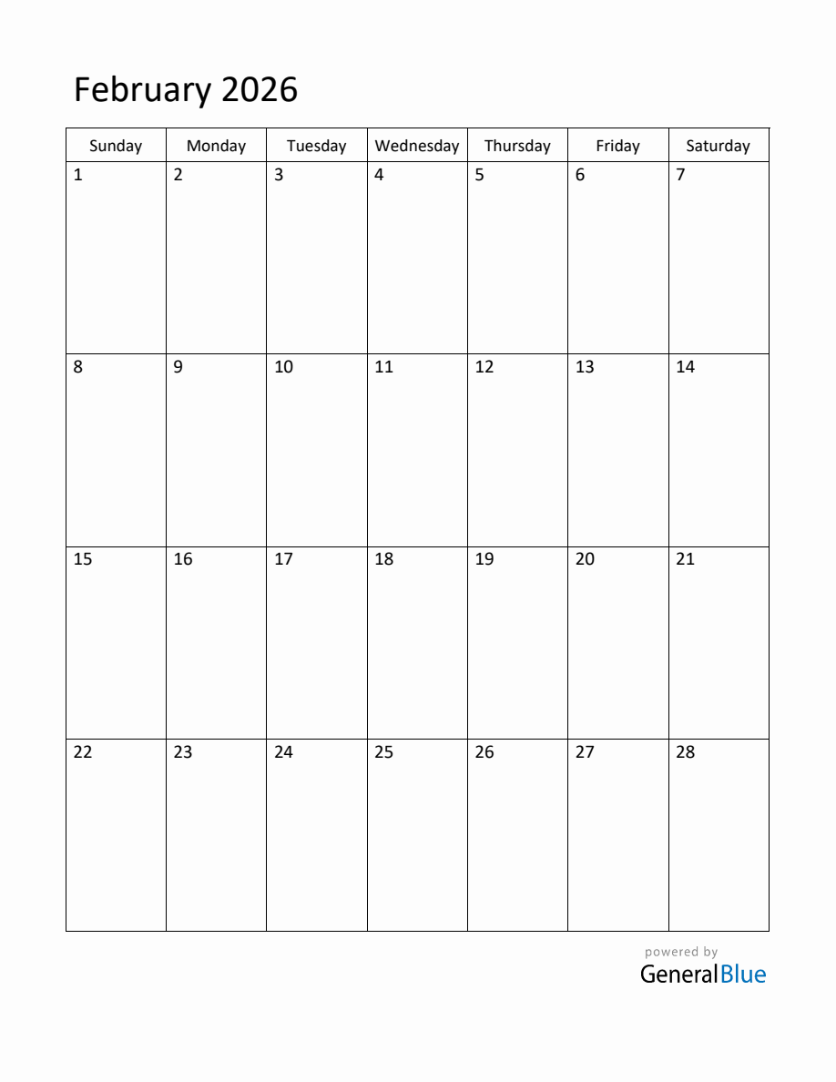 Editable February 2026 Monthly Calendar
