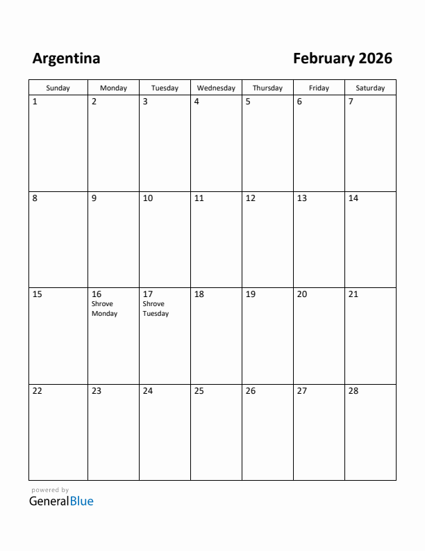 February 2026 Calendar with Argentina Holidays