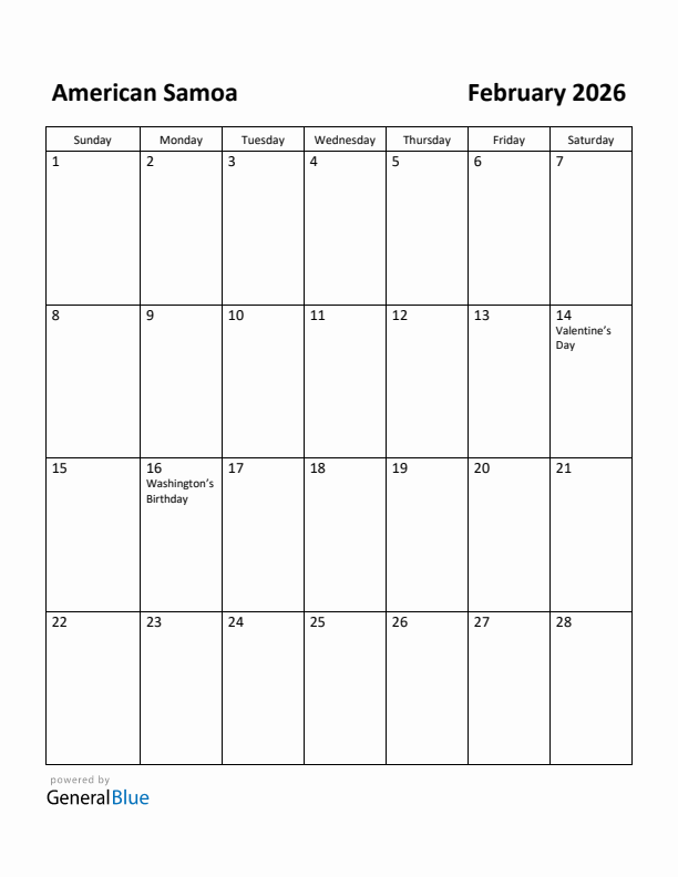 February 2026 Calendar with American Samoa Holidays