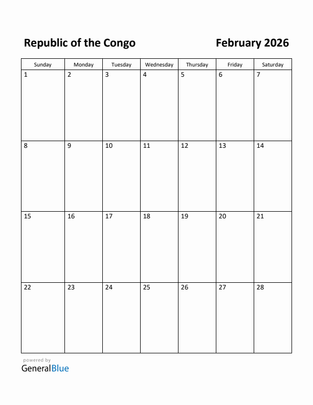 February 2026 Calendar with Republic of the Congo Holidays