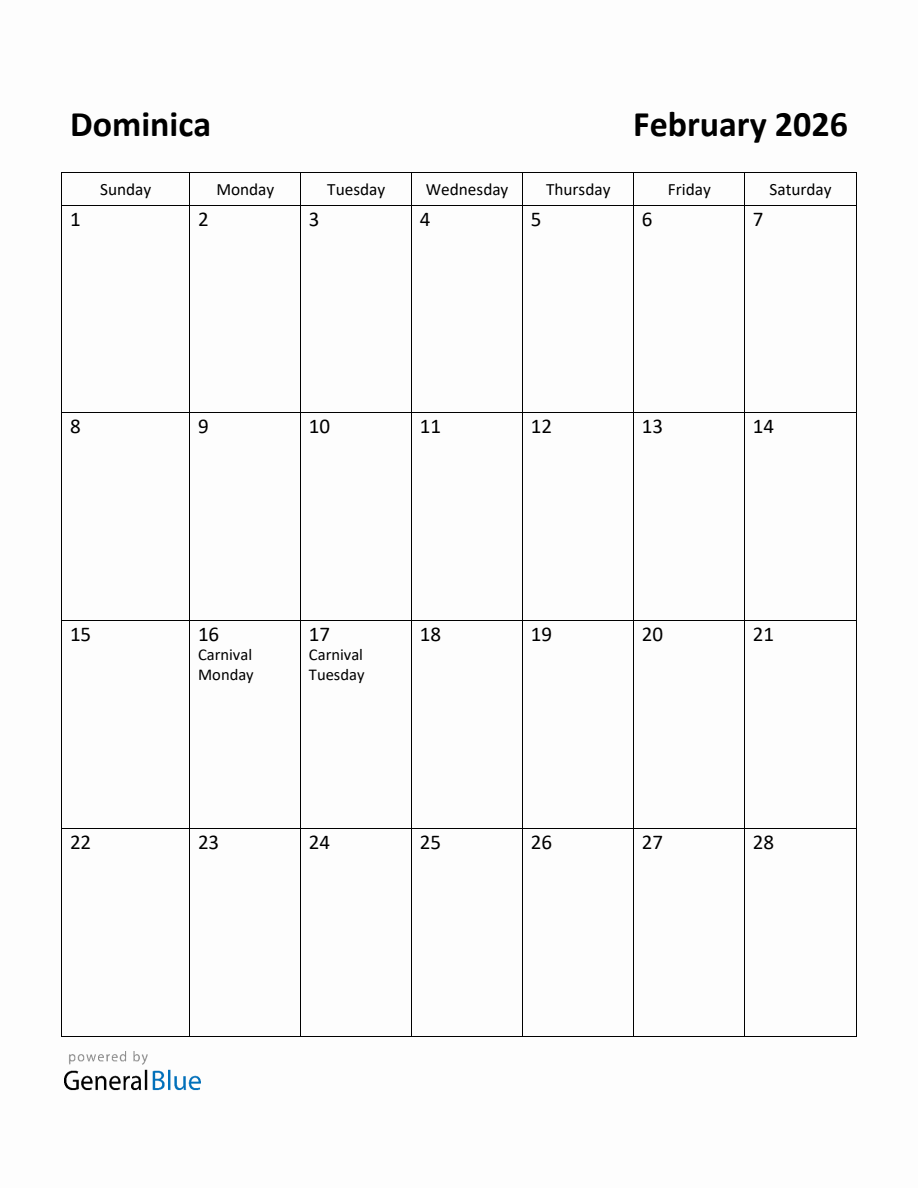 Free Printable February 2026 Calendar for Dominica