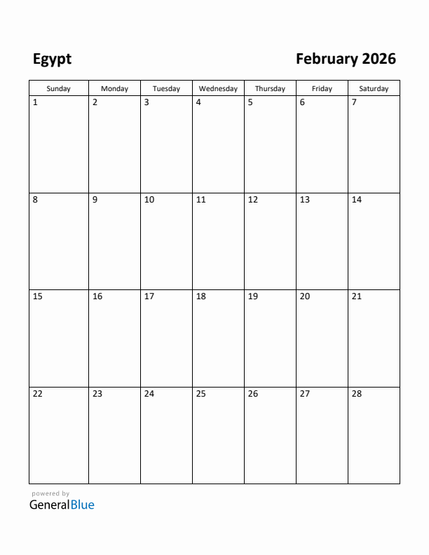 February 2026 Calendar with Egypt Holidays