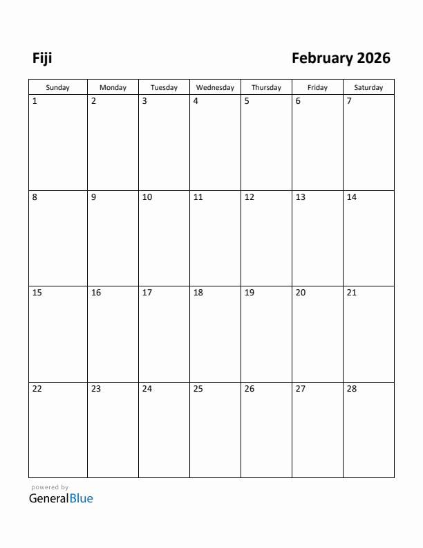 February 2026 Calendar with Fiji Holidays