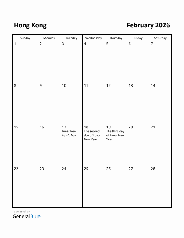 February 2026 Calendar with Hong Kong Holidays