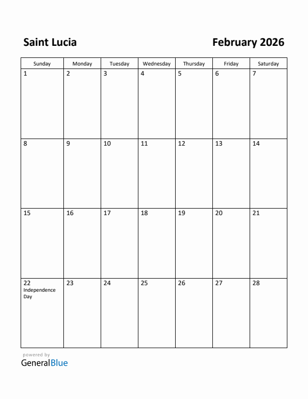 February 2026 Calendar with Saint Lucia Holidays