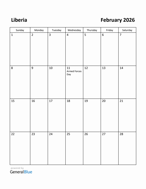 February 2026 Calendar with Liberia Holidays