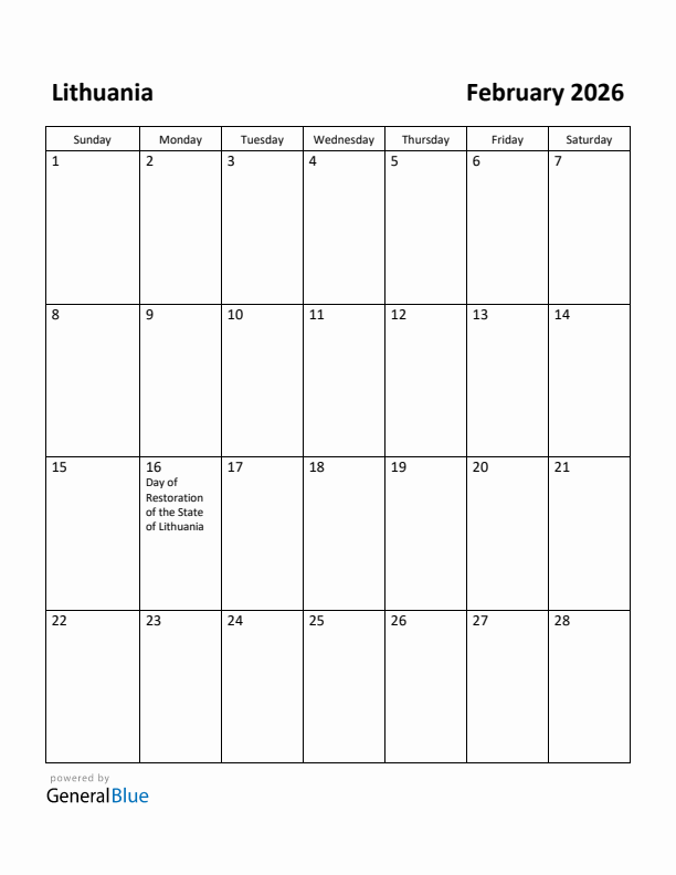 February 2026 Calendar with Lithuania Holidays