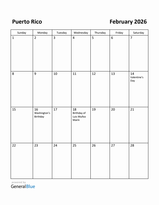 February 2026 Calendar with Puerto Rico Holidays
