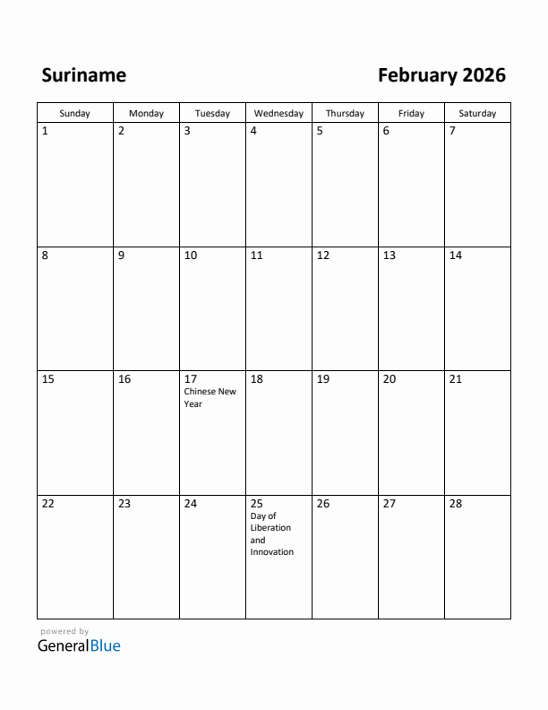 February 2026 Calendar with Suriname Holidays
