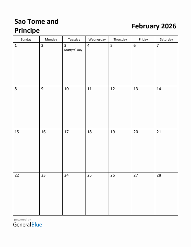 February 2026 Calendar with Sao Tome and Principe Holidays