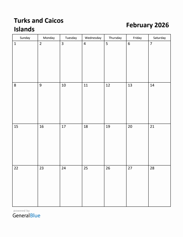 February 2026 Calendar with Turks and Caicos Islands Holidays
