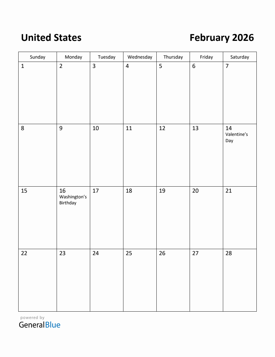 Free Printable February 2026 Calendar for United States