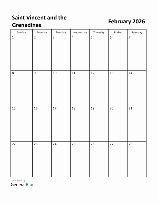 February 2026 Calendar with Saint Vincent and the Grenadines Holidays