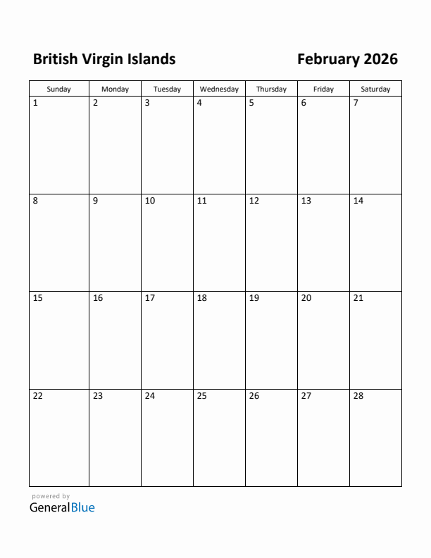 February 2026 Calendar with British Virgin Islands Holidays